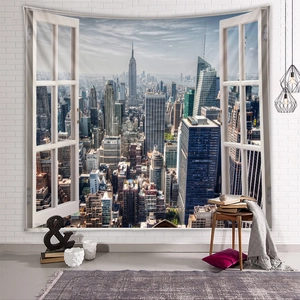 Scenic New York skyline tapestry with Manhattan view and white window frame design