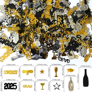 Blue and gold 2025 graduation confetti set with congrats text and grad cap shapes