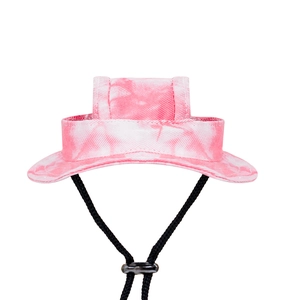 Close-up of pink and white tie-dye canvas pet sun hat with adjustable black drawstring cord
