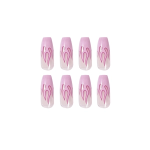 Glossy long coffin press-on nails with pink gradient base and bold flame patterns