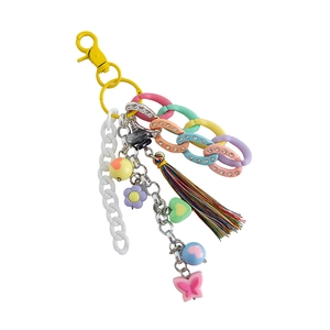 Colorful acrylic tassel keychain with rhinestone chains and heart charms for women handbags