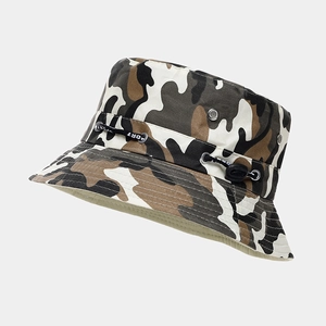 Detail of camouflage sun hat featuring metal eyelets and adjustable SPORT drawstring