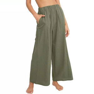 Pantalon large femme en lin vert armée à taille haute élastique et poches latérales chic