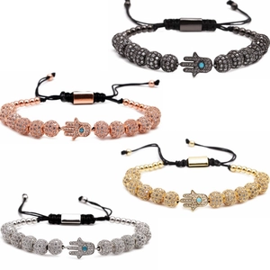 Hamsa Hand Beaded Bracelet Micro Pave Zircon Copper Evil Eye Charm Adjustable Braided Rope Ethnic Jewelry Unisex