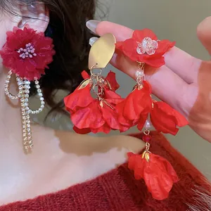 Elegant red flower tassel earrings with crystals and gold finish for women