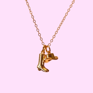 Cowboy Boot And Hat Pendant Necklace 18K Gold Plated Copper Vintage Western Jewelry For Women