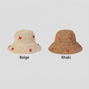 Foldable sun hat with red heart embroidery in beige and khaki color options