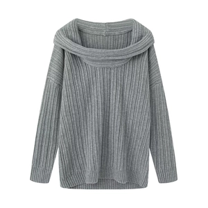 Grey off-the-shoulder knit sweater with ribbed texture in a loose pullover style