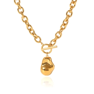 Baroque stainless steel necklace with OT buckle and irregular pendant on white background
