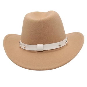 Detail of khaki wool felt fedora featuring a white leather band with pearls and silver studs