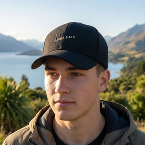 Black cotton baseball cap with LAMEA HATS NYC gold embroidery against mountain lake view