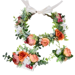 Handmade bridal flower headpiece set including hair wreath, comb and boutonniere for weddings
