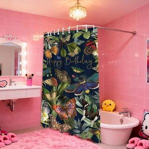 Detail of waterproof polyester shower curtain with butterflies and Happy Birthday text