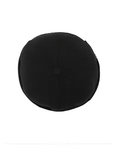 Top down view of black docker brimless cap with six panel stitch and top button