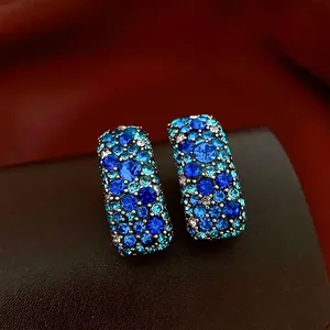 Boucles D'oreilles Rétro En Forme De C Rectangle Alliage Micro Pavé Strass Bleu Avec Silver Earring Post Pour Femme