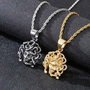 Gothic Medusa pendant necklaces in gold and silver steel finishes with rope chains