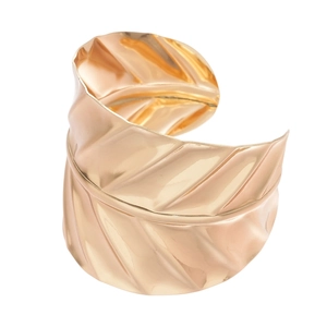 Statement gold geometric leaf textured open cuff bracelet with detailed metal ribbing