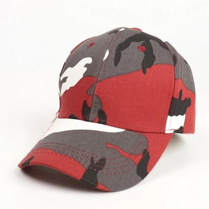 Close-up of red camouflage baseball cap showing cotton twill texture and stitching