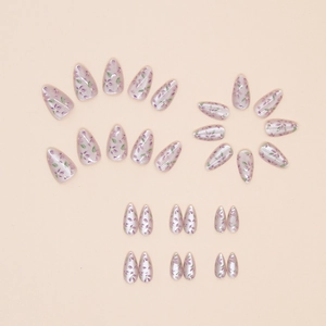 Pale purple almond press-on nails set with floral patterns and pearlescent finish