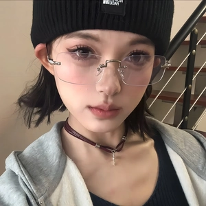 Rimless Square Glasses Anti Blue Light Metal Frame Y2K Vintage Eyewear Women Men Clear Lens