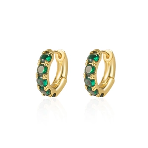 Elegant gold hoop earrings with sparkling emerald green zircon stones in a symmetrical design