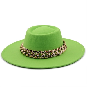 Neon green flat top wool felt fedora with a wide brim and decorative thick gold chain