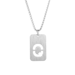 Close-up of a silver titanium steel necklace featuring a hollowed-out letter Q rectangular pendant