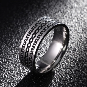 Bague Vintage en Acier Inoxydable pour Hommes Motif de Grecque Ethnique Grande Muraille Argent Minimaliste Bijoux Cadeau