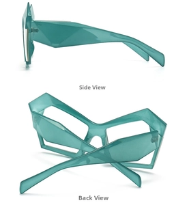 Detail view of teal geometric polygonal glasses frame with side and back profile