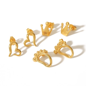 Minimalist 18k gold plated stainless steel heart, crown, and footprint stud earring set