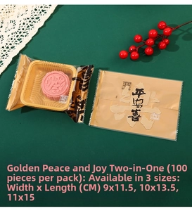 Detail of 100pcs golden Moon Festival bags with inner trays in three sizes for mooncakes