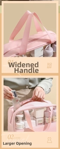 Pink transparent PVC wash bag showing reinforced handles and a wide opening detail