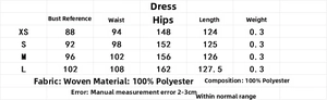 Detailed size chart with XS-L measurements for the V-neck layered camisole dress