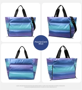 Macro views of large pearlescent blue quilted sports tote with adjustable shoulder straps