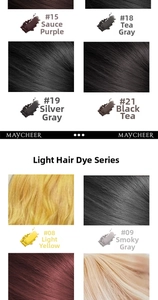 Detailed hair powder color palette showing shades like purple, grey, and black tea