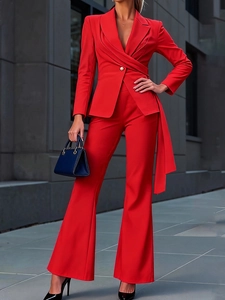 Red Women Blazer And Flared Pants Single Button Waist Tie Office Business Streetwear Solid Color Polyester