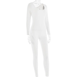 Detail view of a white long sleeve jumpsuit with U-neck design on a transparent model