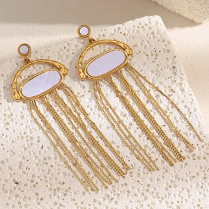 Boucles d'oreilles rétro en acier inoxydable plaqué or 18K avec nacre et longues franges