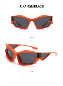 Front and side view of orange and black futuristic geometric Y2K sunglasses