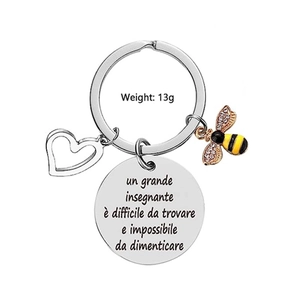 Silver bee and heart keychain with Italian teacher quote engraving and crystal details