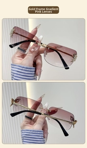 Detail of rimless butterfly sunglasses with pink gradient lenses and rhinestone accents