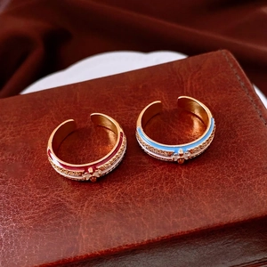 Fleur-De-Lis Open Adjustable Ring Copper 18K Gold Plated Zircon Enamel Vintage Luxury Retro Finger Jewelry Women