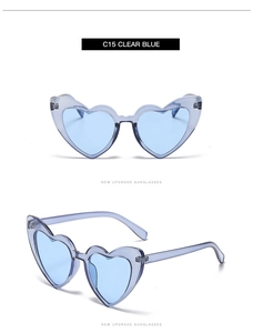 Detail view of heart-shaped sunglasses in C15 clear blue frame from front and side angles