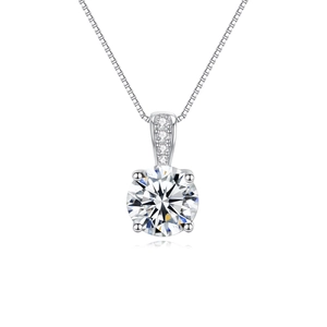S925 sterling silver four-prong round pendant necklace with box chain on white background