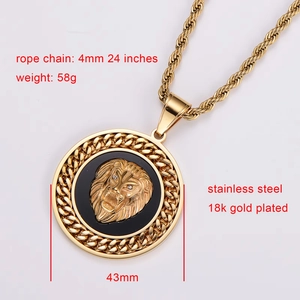 Detail view of 18k gold plated lion head pendant with 24 inch rope chain dimensions