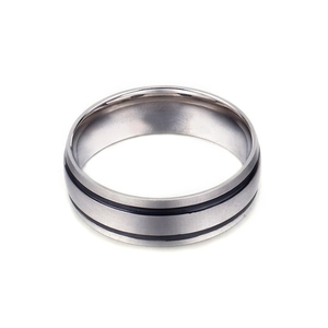 Minimalist silver stainless steel men's ring with double black parallel grooves decoration