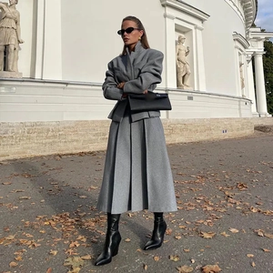 Blazer En Laine Et Jupe Maxi Pour Femme Veste Structurée Manches Longues Taille Haute Plissée Élégant Gris Professionnel