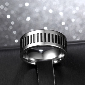 Men's 8mm stainless steel ring with black piano key vintage texture and polished finish