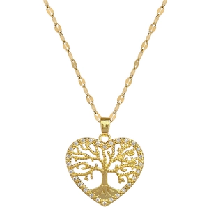 Gold tree of life heart necklace with shimmering crystals on a flat cable chain