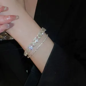 Multi Layer Rhinestone Bangle Bracelet Copper Silver Plated Delicate Flower Korean Ins Style Luxury Jewelry For Women